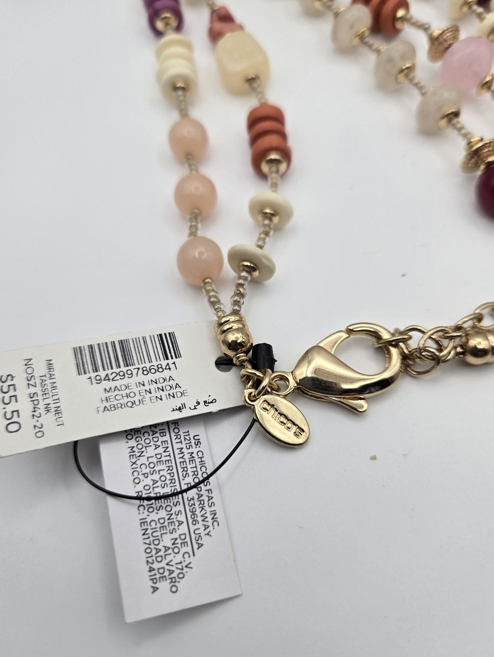 NWT Chico's Mirai Multi Neutral Tassle Necklace Long Boho Summer Pink Goldtone - Picture 2 of 5